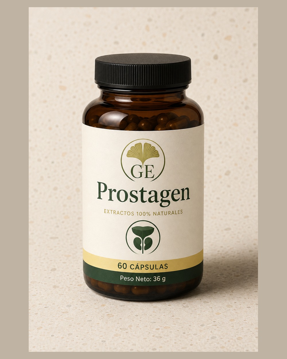Prostagen en una composición de estudio con tonos crema y verdes